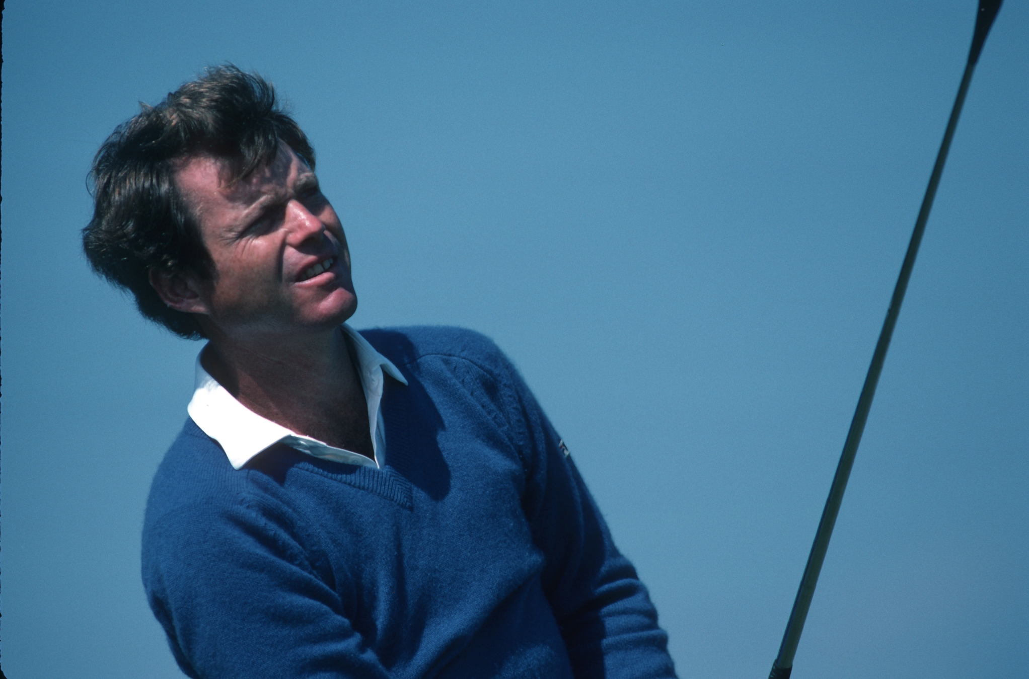 Tom Watson watching his tee closely during the 1984 Open Championship, which many expected him to win